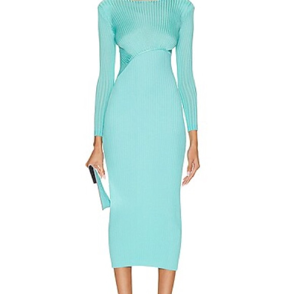 SELF PORTRAIT. Women’s Long Sleeve Ribbed Bodycon Midi Dress in Aqua